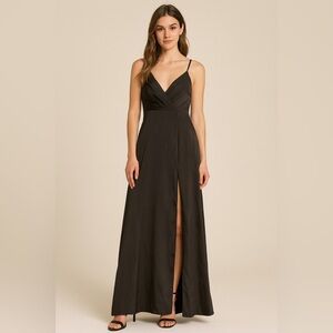 Azazie Black Satin V-Neck Maxi Dress – Size A2